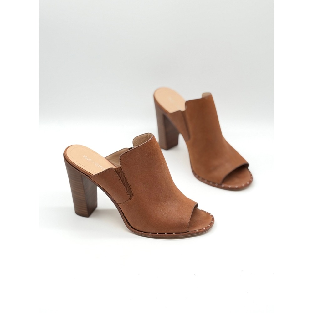 POUR LA VICTOIRE Growl Mules Women 8.5 Brown Open Toe Block Heel Studded Leather